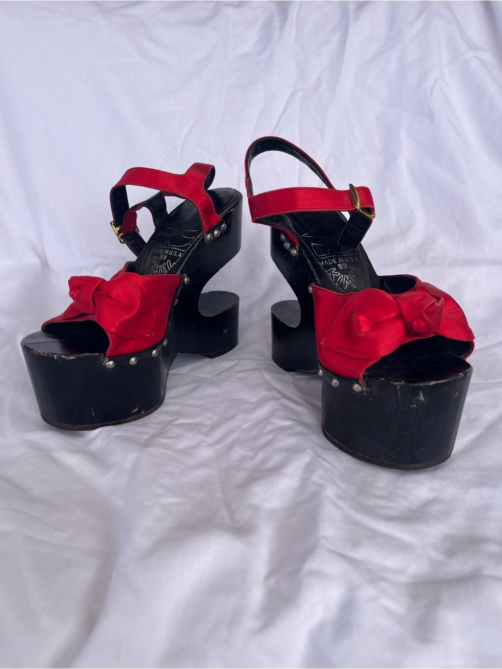 Red Bow Platform Sandals with Studded Black Wood Heel